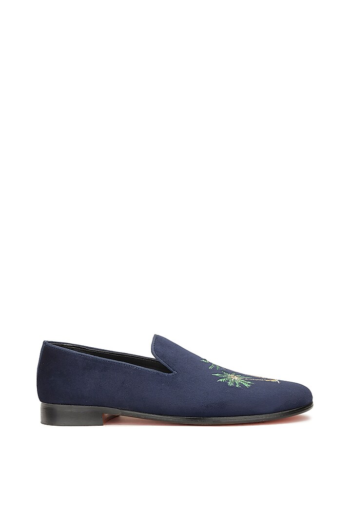 Blue Velvet Embroidered Slip-Ons Shoes by SHUTIQ at Pernia's Pop Up Shop