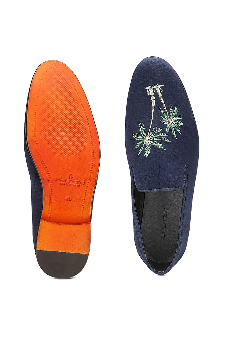 Blue Velvet Embroidered Slip-Ons Shoes by SHUTIQ at Pernia's Pop Up Shop