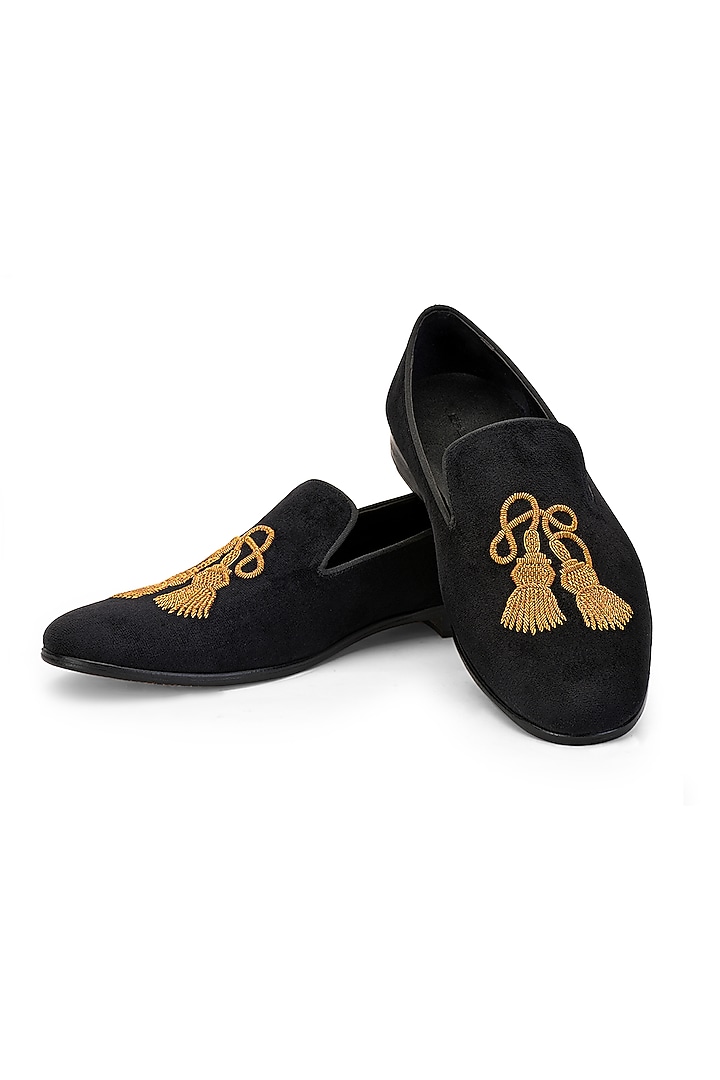 Black Velvet Embroidered Slip-Ons Shoes by SHUTIQ at Pernia's Pop Up Shop