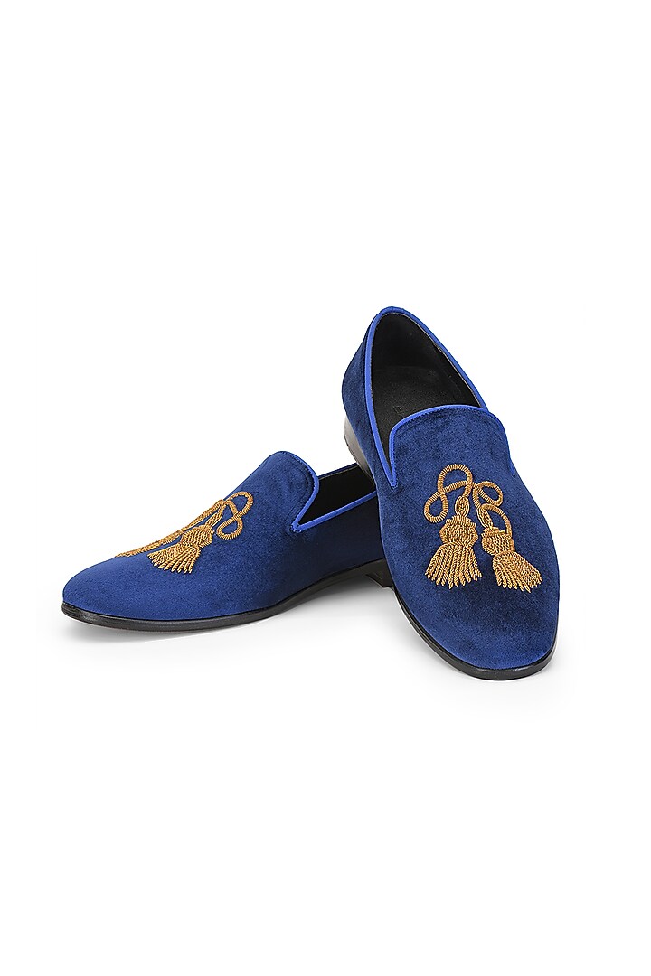 Blue Velvet Embroidered Slip-Ons Shoes by SHUTIQ at Pernia's Pop Up Shop