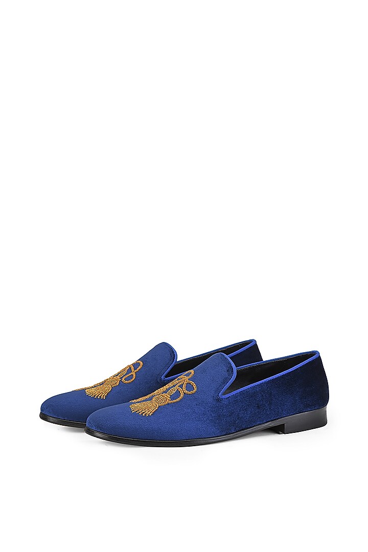 Blue Velvet Embroidered Slip-Ons Shoes by SHUTIQ at Pernia's Pop Up Shop