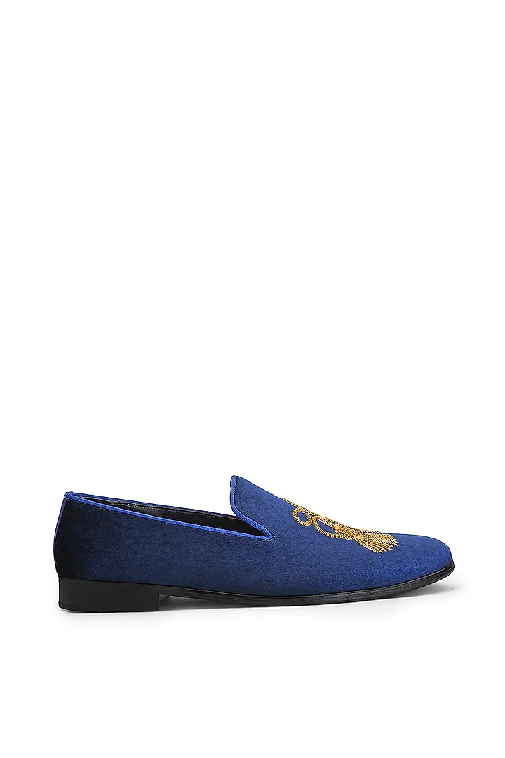 Blue Velvet Embroidered Slip-Ons Shoes by SHUTIQ at Pernia's Pop Up Shop