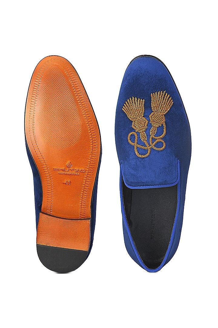 Blue Velvet Embroidered Slip-Ons Shoes by SHUTIQ at Pernia's Pop Up Shop