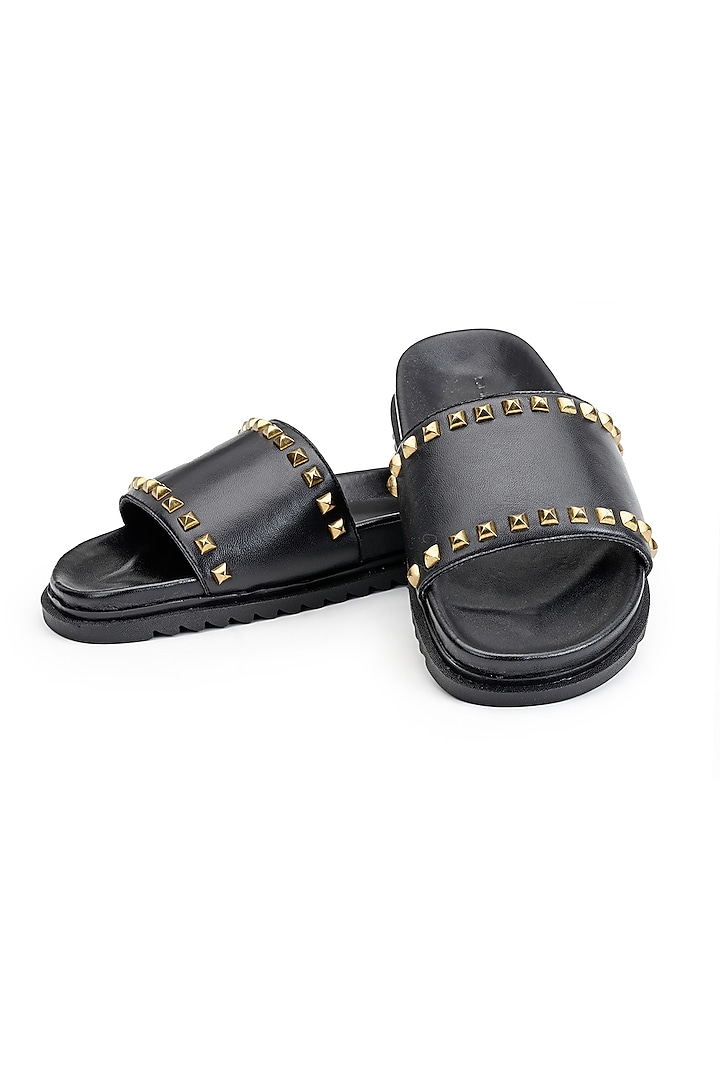 Black Leather Embellished Sliders by SHUTIQ at Pernia's Pop Up Shop