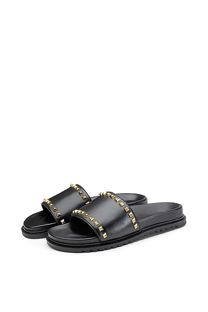 Black Leather Embellished Sliders by SHUTIQ at Pernia's Pop Up Shop