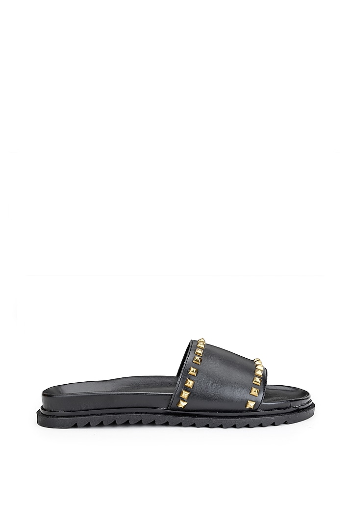 Black Leather Embellished Sliders by SHUTIQ at Pernia's Pop Up Shop