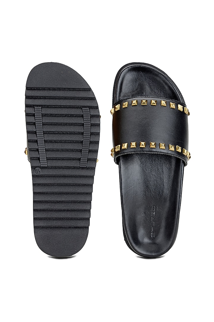Black Leather Embellished Sliders by SHUTIQ at Pernia's Pop Up Shop