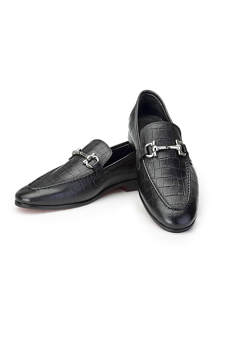 Black Croco Leather Slip-On Shoes by SHUTIQ at Pernia's Pop Up Shop