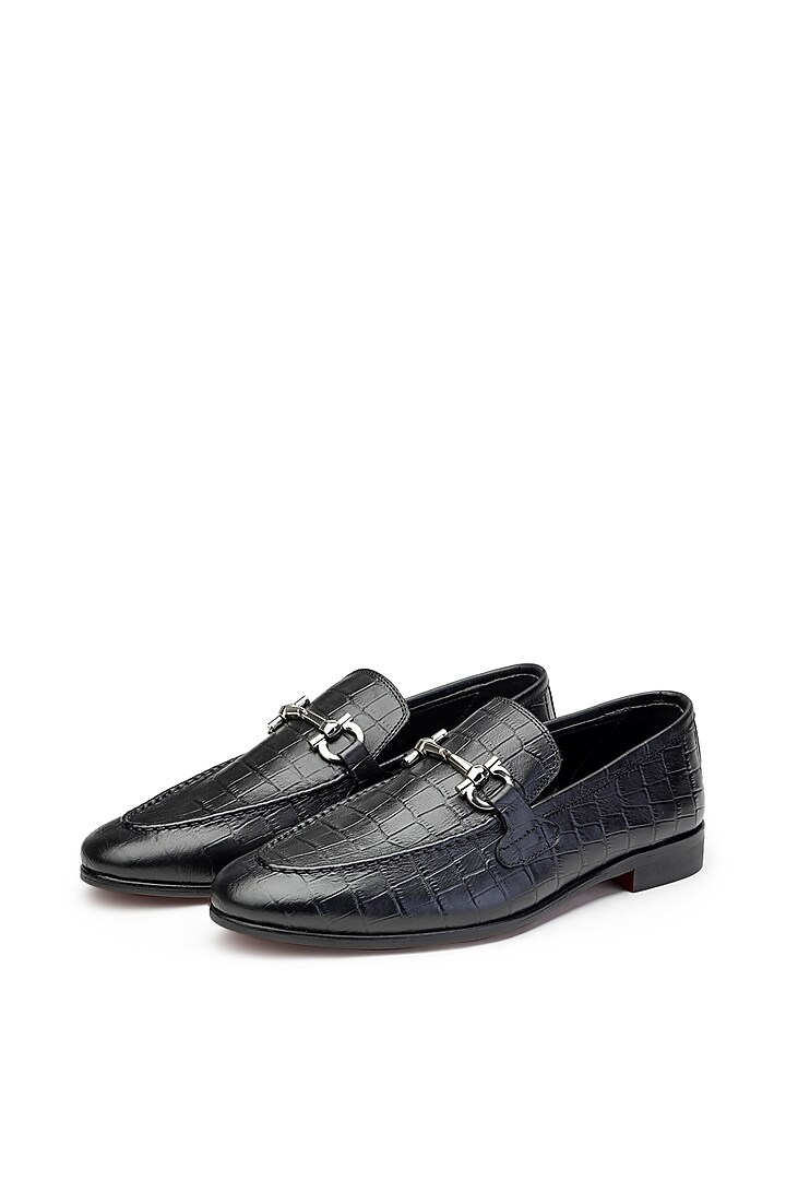 Black Croco Leather Slip-On Shoes by SHUTIQ at Pernia's Pop Up Shop