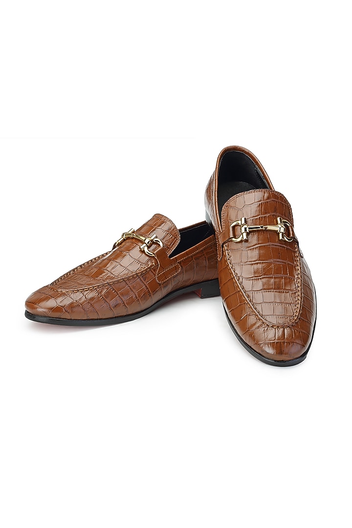 Tan Brown Croco Leather Slip-On Shoes by SHUTIQ at Pernia's Pop Up Shop