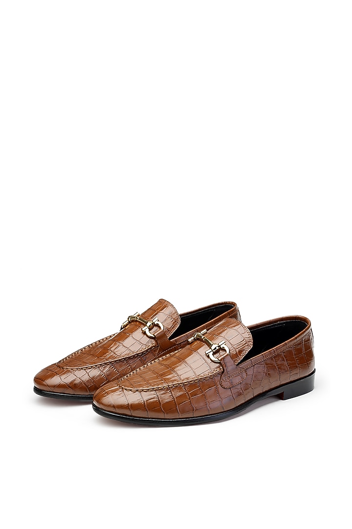 Tan Brown Croco Leather Slip-On Shoes by SHUTIQ at Pernia's Pop Up Shop