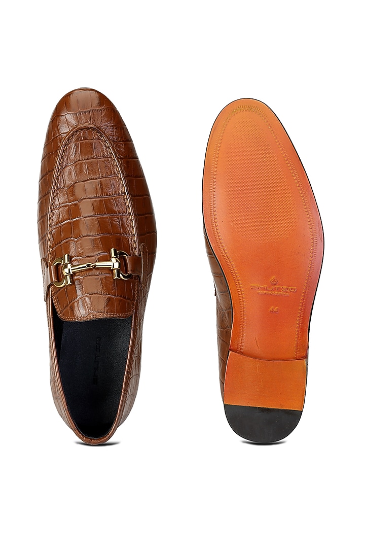 Tan Brown Croco Leather Slip-On Shoes by SHUTIQ at Pernia's Pop Up Shop