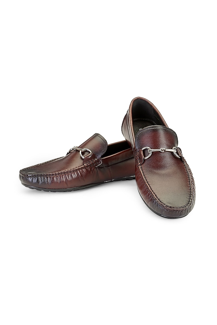 Brown Calfskin Leather Embellished Slip-On Shoes by SHUTIQ at Pernia's Pop Up Shop