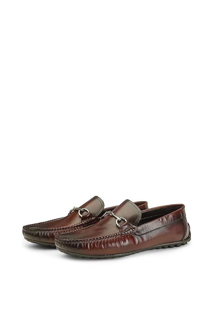 Brown Calfskin Leather Embellished Slip-On Shoes by SHUTIQ at Pernia's Pop Up Shop