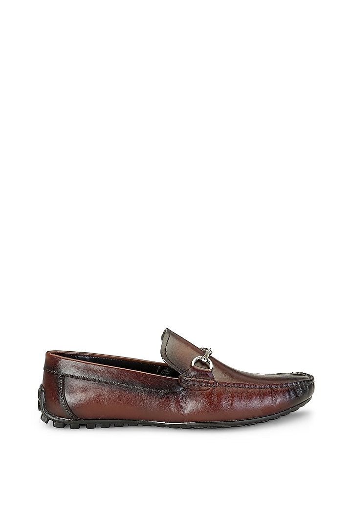 Brown Calfskin Leather Embellished Slip-On Shoes by SHUTIQ at Pernia's Pop Up Shop