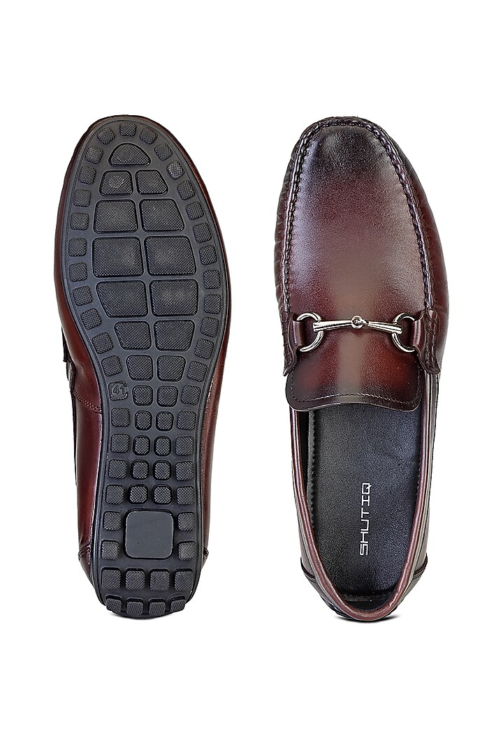 Brown Calfskin Leather Embellished Slip-On Shoes by SHUTIQ at Pernia's Pop Up Shop