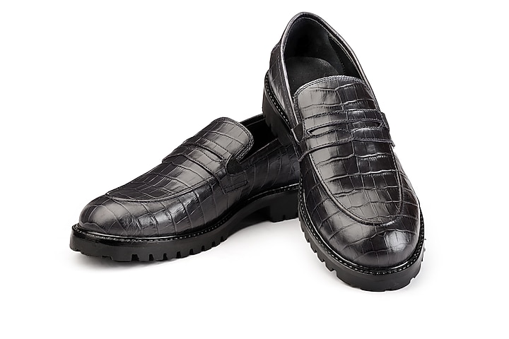 Black Croco Leather Slip-On Shoes by SHUTIQ at Pernia's Pop Up Shop