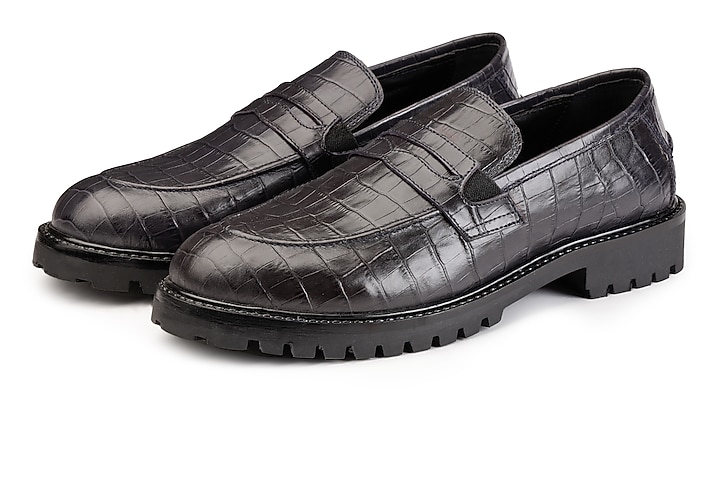Black Croco Leather Slip-On Shoes by SHUTIQ at Pernia's Pop Up Shop