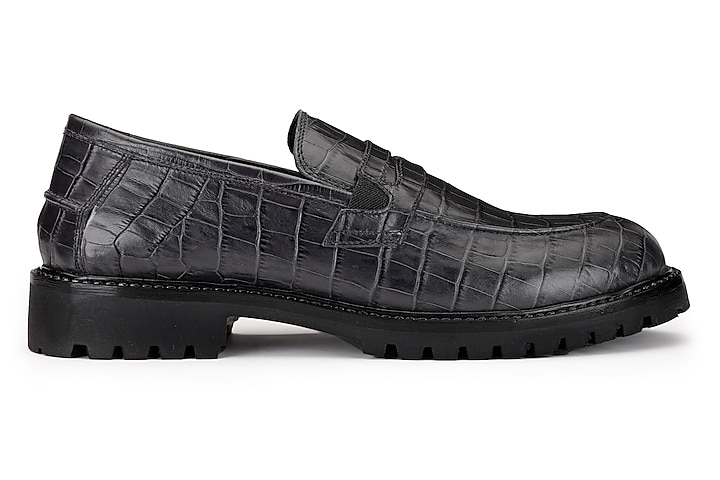 Black Croco Leather Slip-On Shoes by SHUTIQ at Pernia's Pop Up Shop