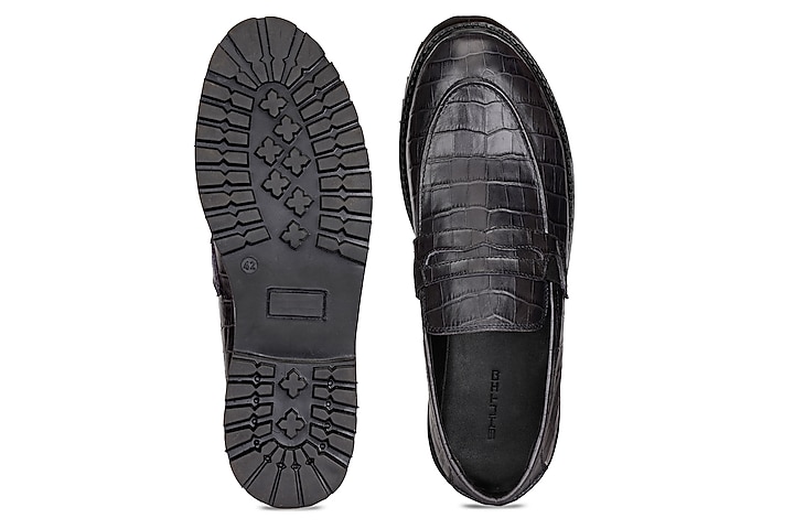 Black Croco Leather Slip-On Shoes by SHUTIQ at Pernia's Pop Up Shop