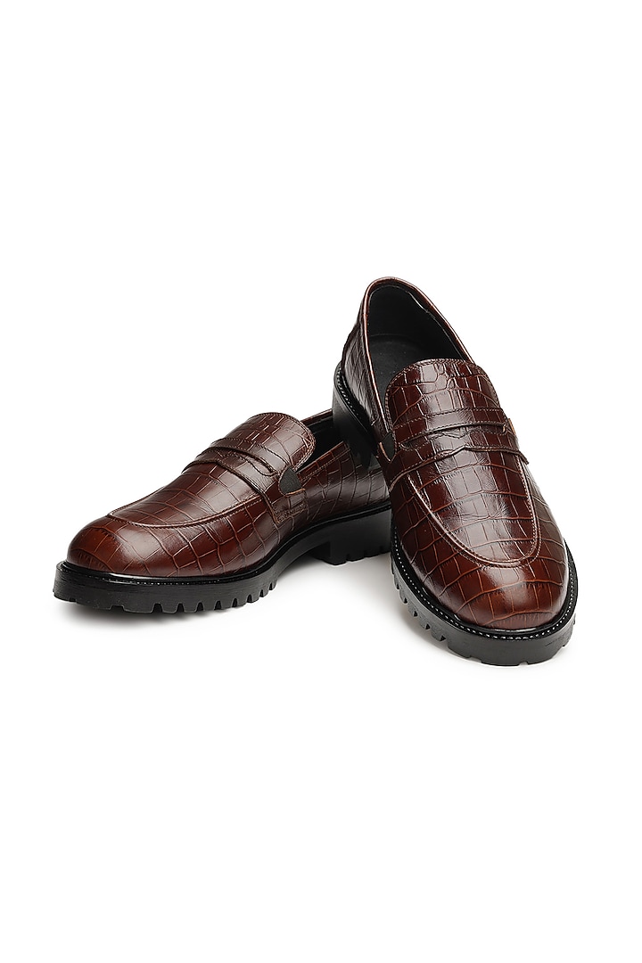 Brown Croco Leather Slip-On Shoes by SHUTIQ at Pernia's Pop Up Shop