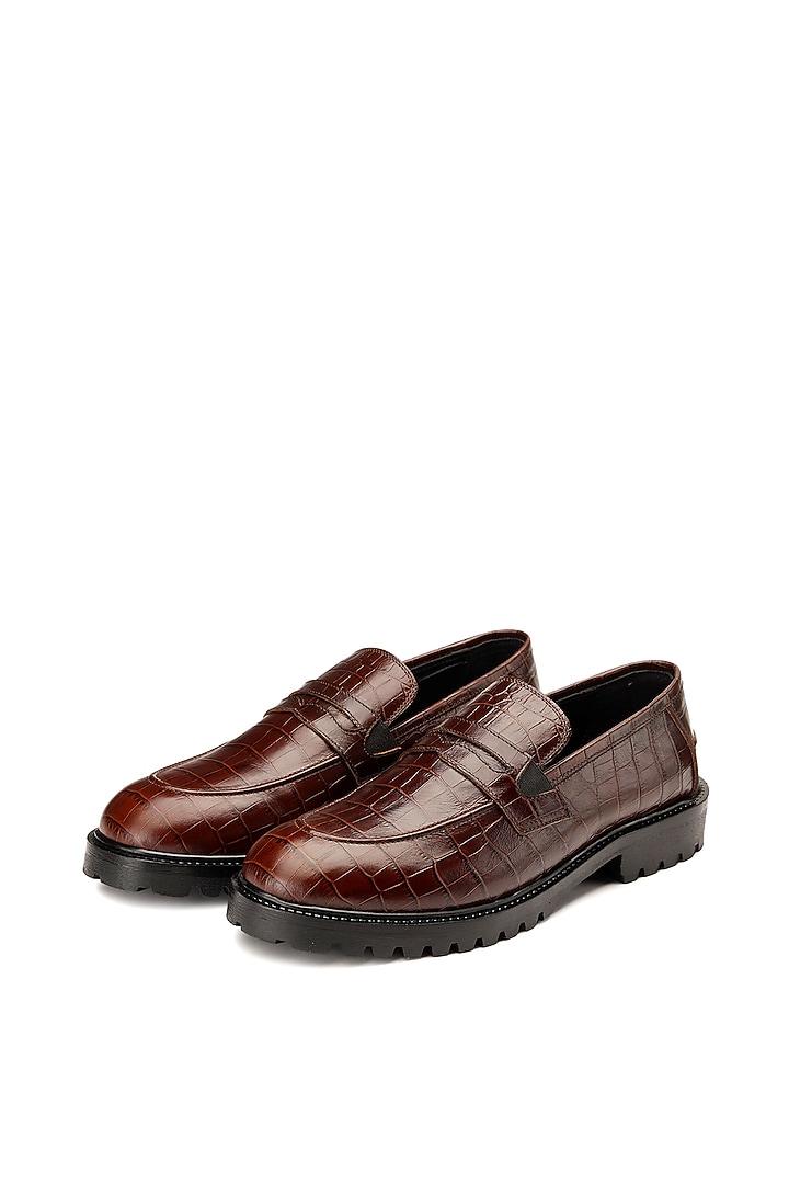 Brown Croco Leather Slip-On Shoes by SHUTIQ at Pernia's Pop Up Shop