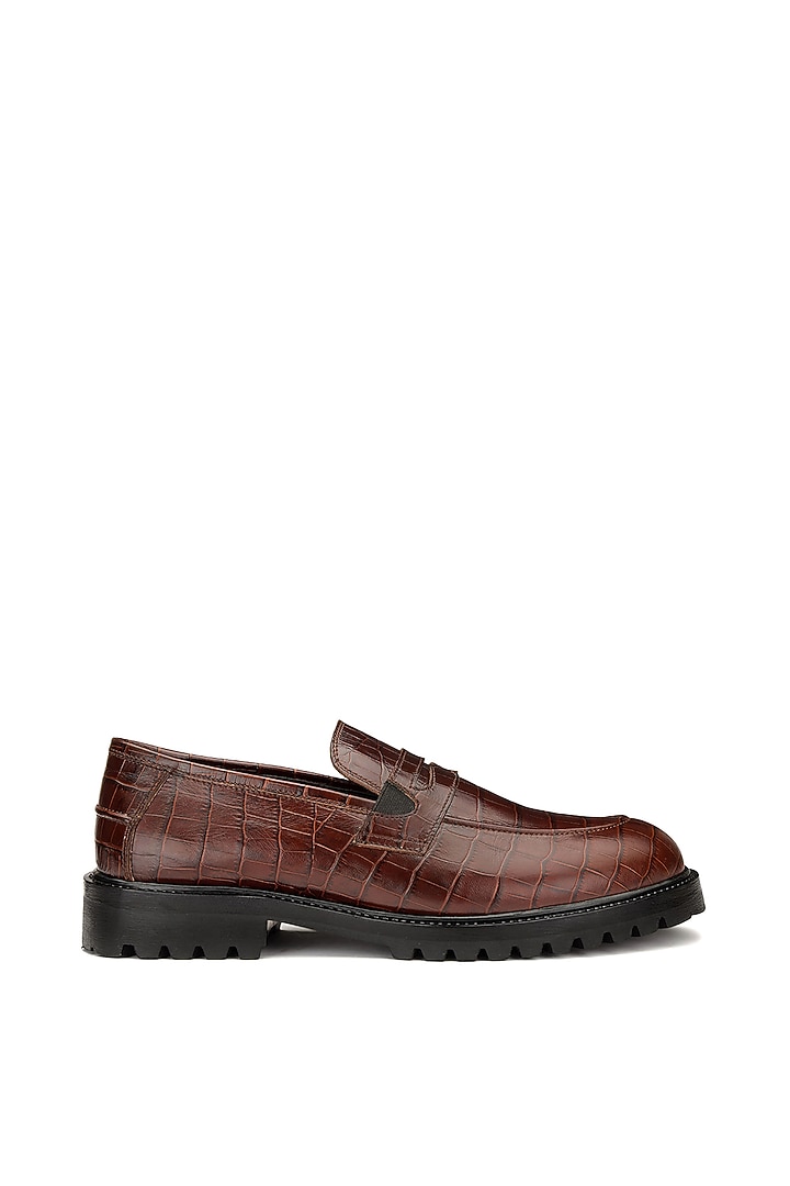 Brown Croco Leather Slip-On Shoes by SHUTIQ at Pernia's Pop Up Shop
