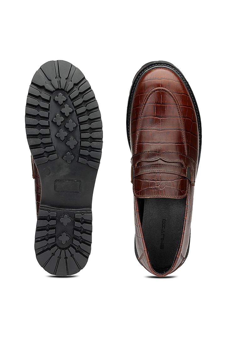 Brown Croco Leather Slip-On Shoes by SHUTIQ at Pernia's Pop Up Shop