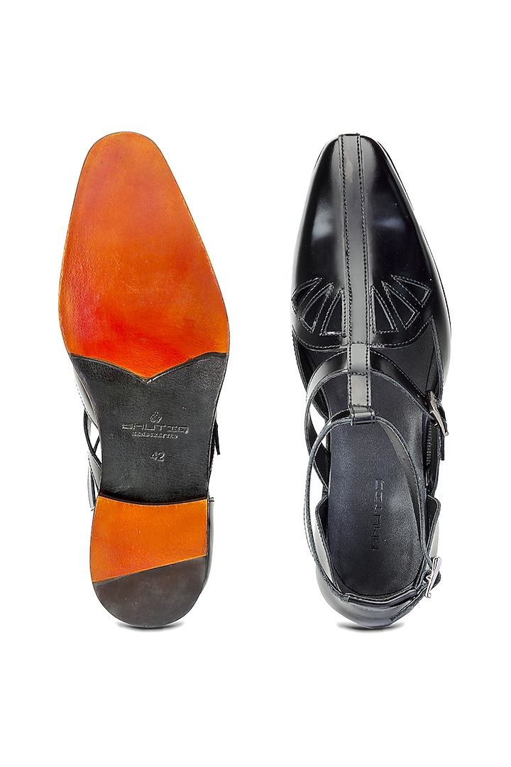 Black Calfskin Leather Sandals by SHUTIQ at Pernia's Pop Up Shop