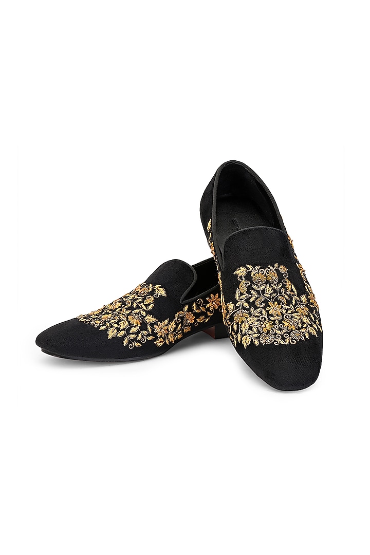 Black Velvet Embroidered Slip-On Shoes by SHUTIQ