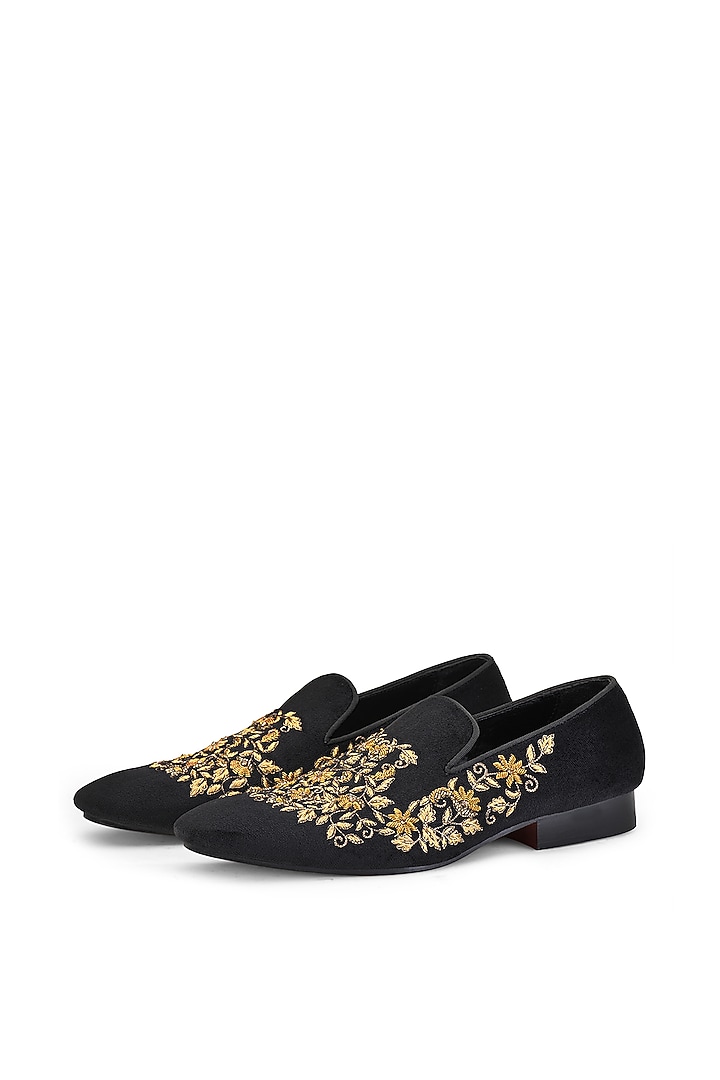 Black Velvet Embroidered Slip-On Shoes by SHUTIQ at Pernia's Pop Up Shop
