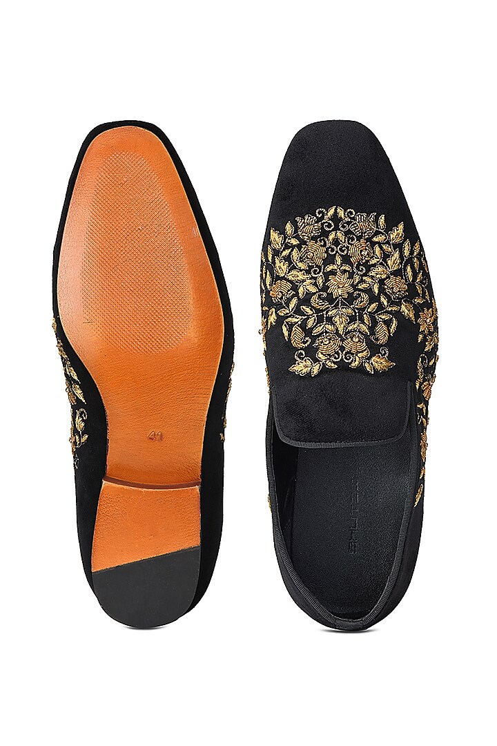 Black Velvet Embroidered Slip-On Shoes by SHUTIQ at Pernia's Pop Up Shop