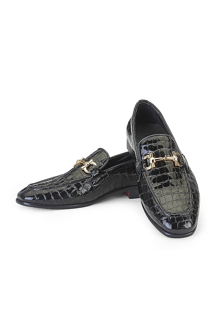 Black Croco Leather Slip-On Shoes by SHUTIQ at Pernia's Pop Up Shop