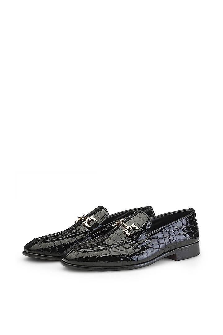 Black Croco Leather Slip-On Shoes by SHUTIQ at Pernia's Pop Up Shop