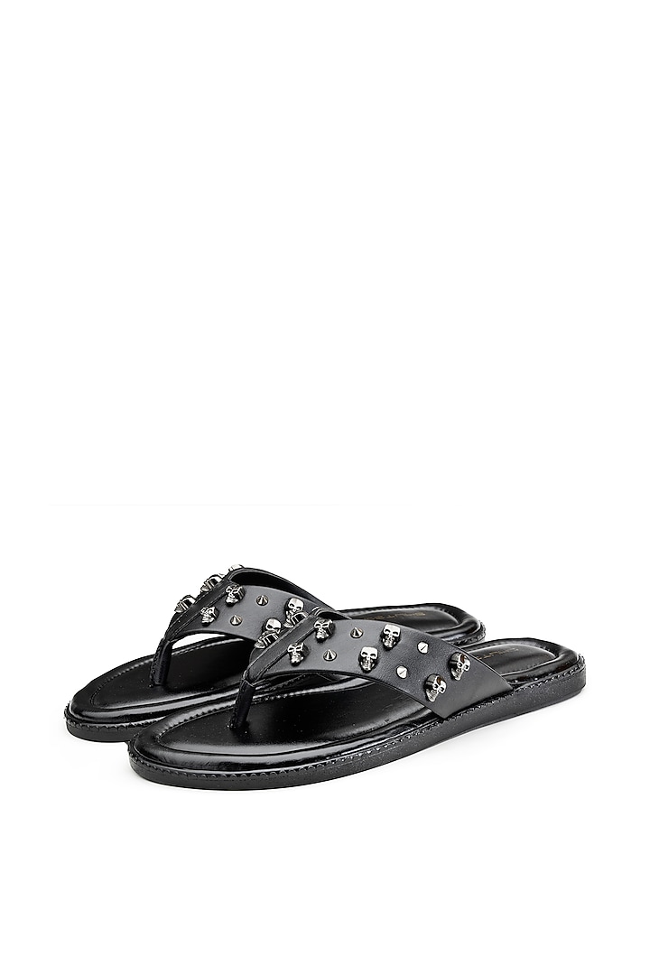 Black Leather Embellished Slippers by SHUTIQ at Pernia's Pop Up Shop