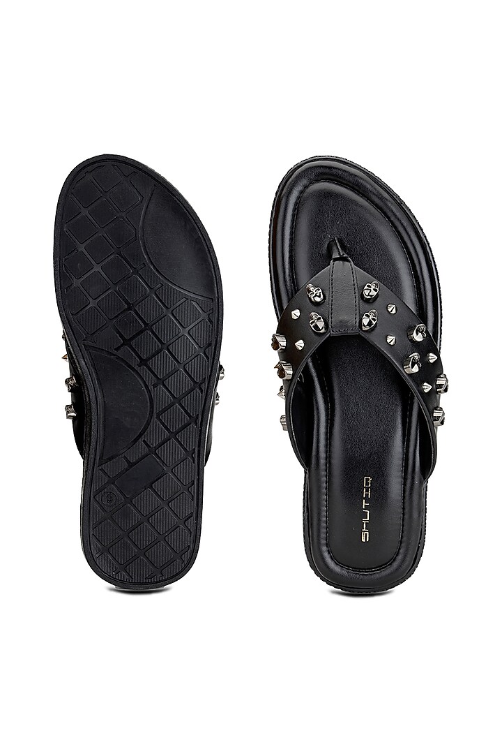 Black Leather Embellished Slippers by SHUTIQ at Pernia's Pop Up Shop