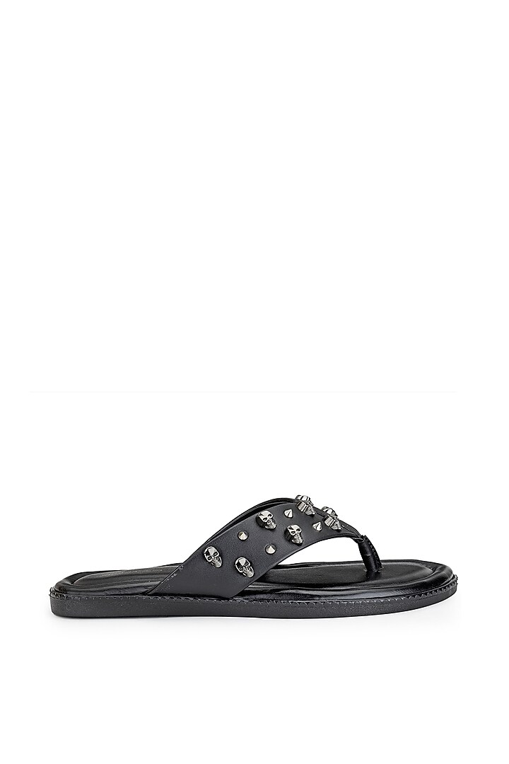 Black Leather Embellished Slippers by SHUTIQ at Pernia's Pop Up Shop