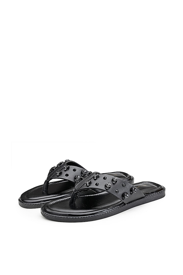 Black Leather Embellished Slippers by SHUTIQ at Pernia's Pop Up Shop