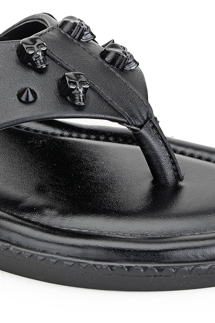 Black Leather Embellished Slippers by SHUTIQ at Pernia's Pop Up Shop