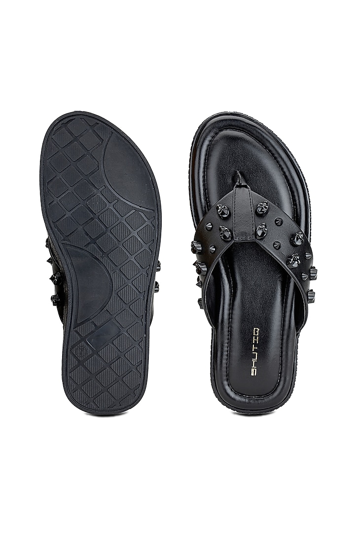 Black Leather Embellished Slippers by SHUTIQ at Pernia's Pop Up Shop