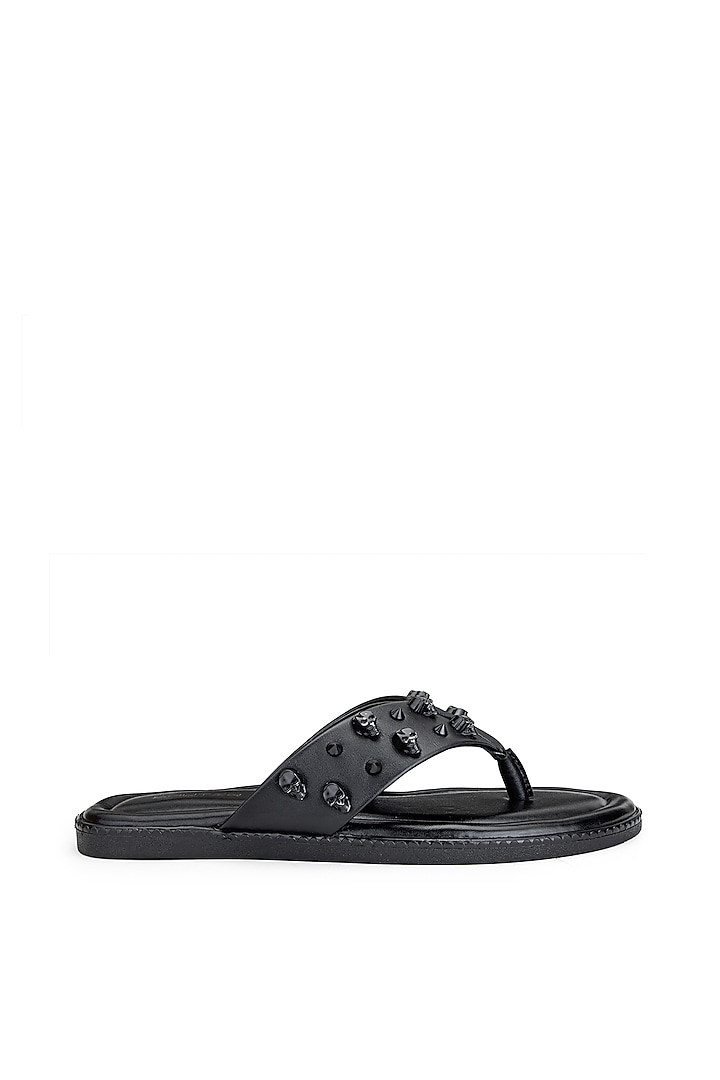 Black Leather Embellished Slippers by SHUTIQ at Pernia's Pop Up Shop
