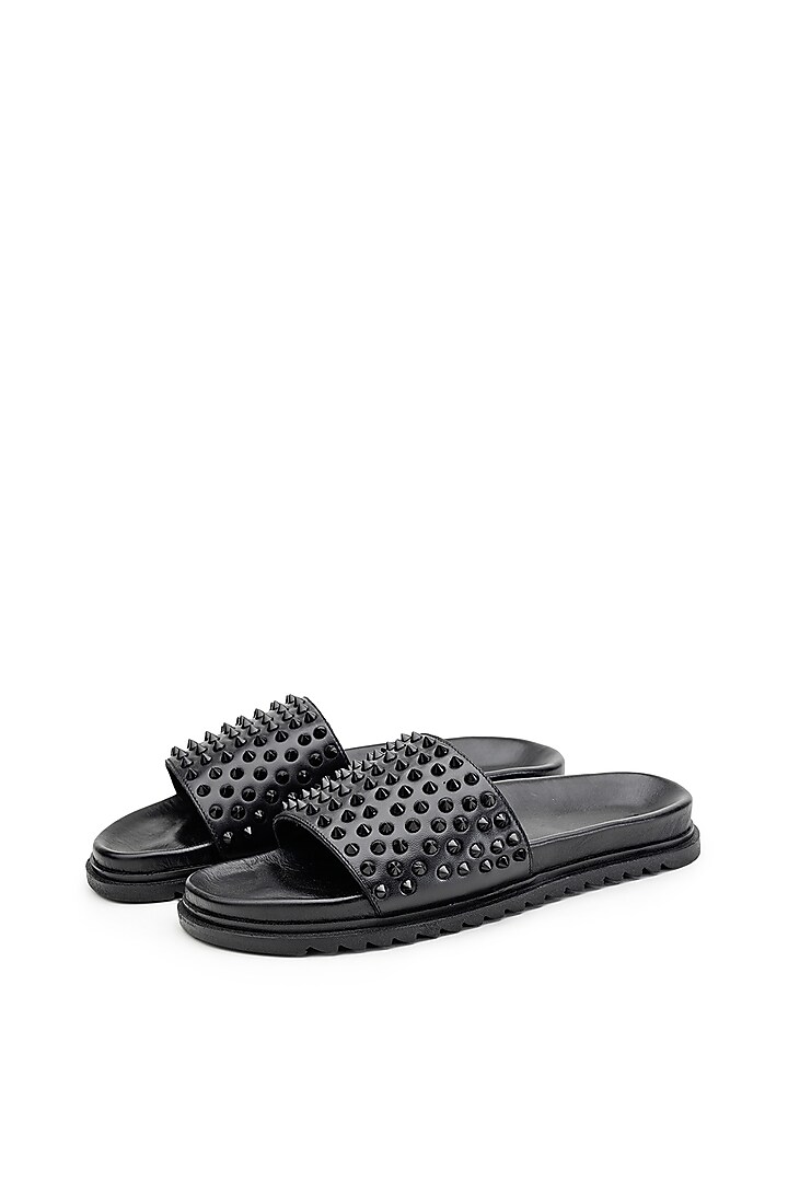 Black Leather Embellished Sliders by SHUTIQ at Pernia's Pop Up Shop