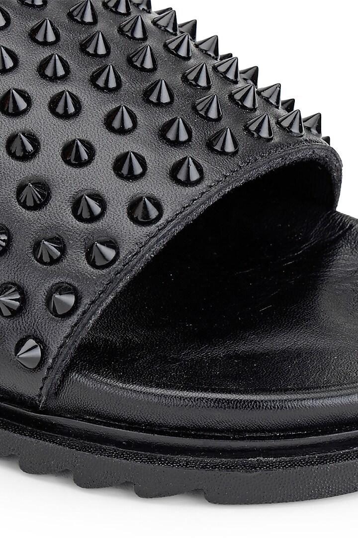 Black Leather Embellished Sliders by SHUTIQ at Pernia's Pop Up Shop