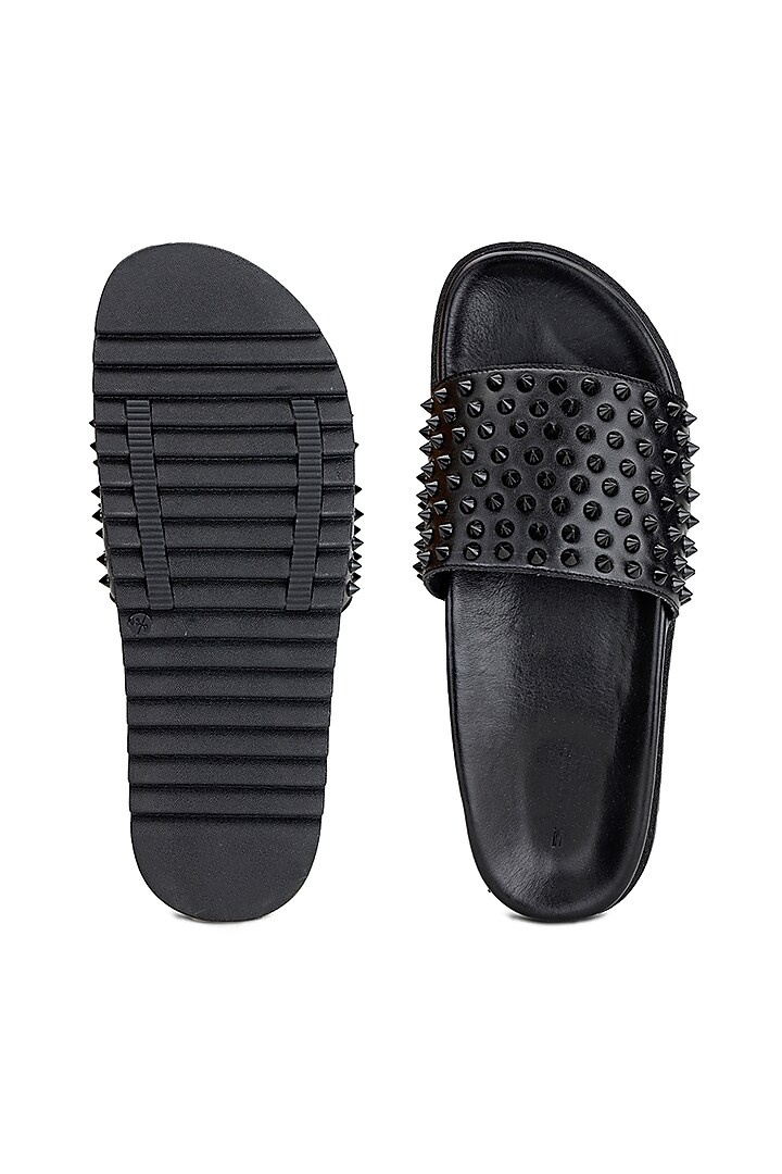 Black Leather Embellished Sliders by SHUTIQ at Pernia's Pop Up Shop