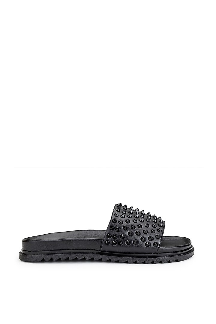 Black Leather Embellished Sliders by SHUTIQ at Pernia's Pop Up Shop