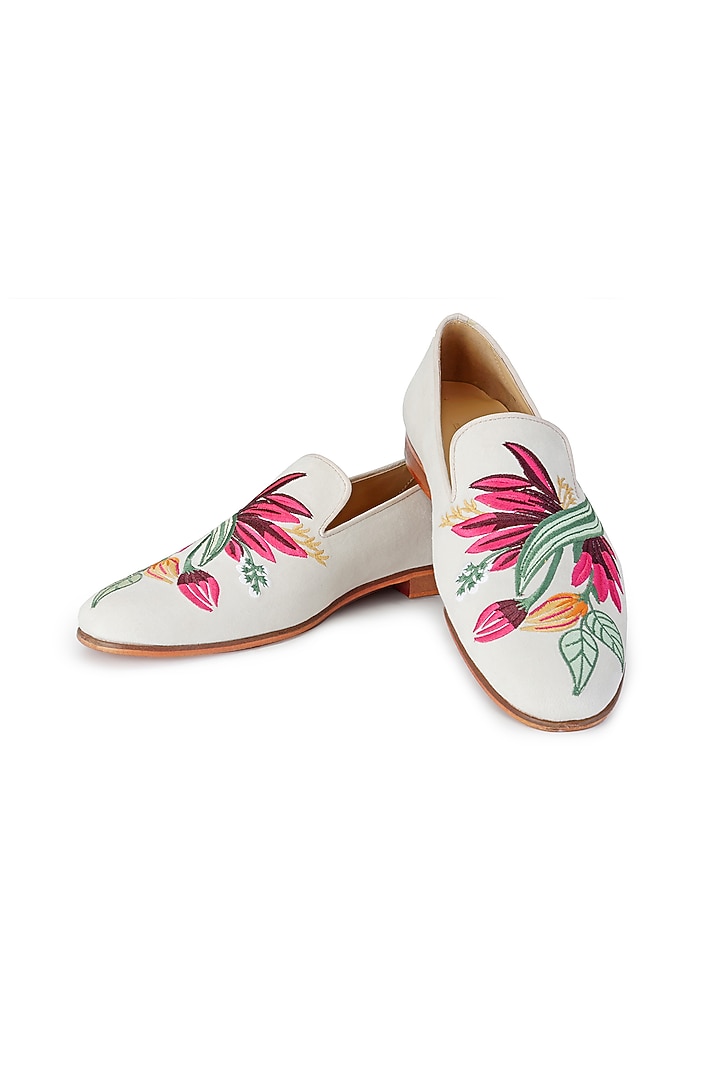 White Velvet Embroidered Slip-On Shoes by SHUTIQ at Pernia's Pop Up Shop