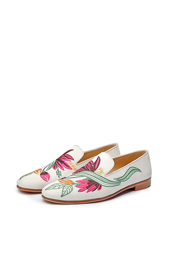 White Velvet Embroidered Slip-On Shoes by SHUTIQ at Pernia's Pop Up Shop
