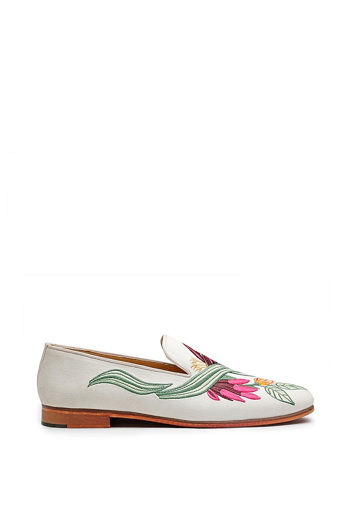 White Velvet Embroidered Slip-On Shoes by SHUTIQ at Pernia's Pop Up Shop