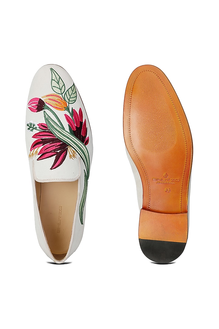 White Velvet Embroidered Slip-On Shoes by SHUTIQ at Pernia's Pop Up Shop