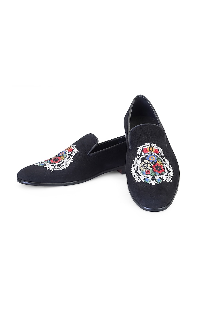 Black Velvet Embroidered Slip-On Shoes by SHUTIQ at Pernia's Pop Up Shop